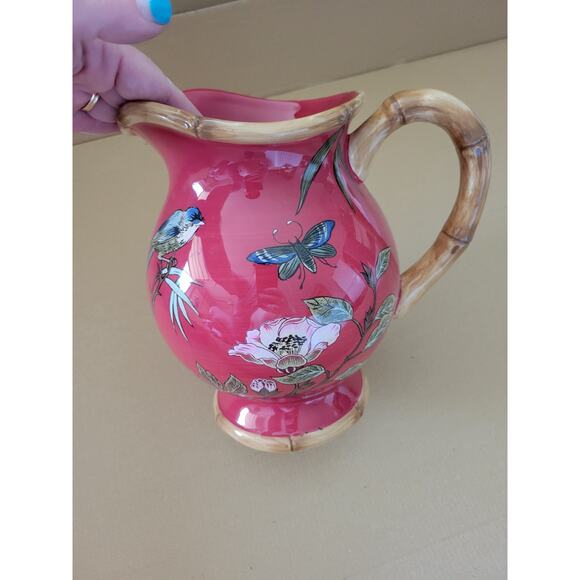 Burton+Burton Ceramic Pitcher Birds Flowers Butterflies Asian RICH DYNASTY Red - Picture 1 of 7